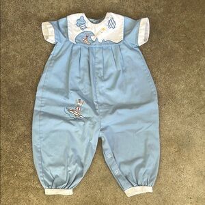 Alison Scott Vintage Blue Baby Romper with Embroidered Details Surfer
